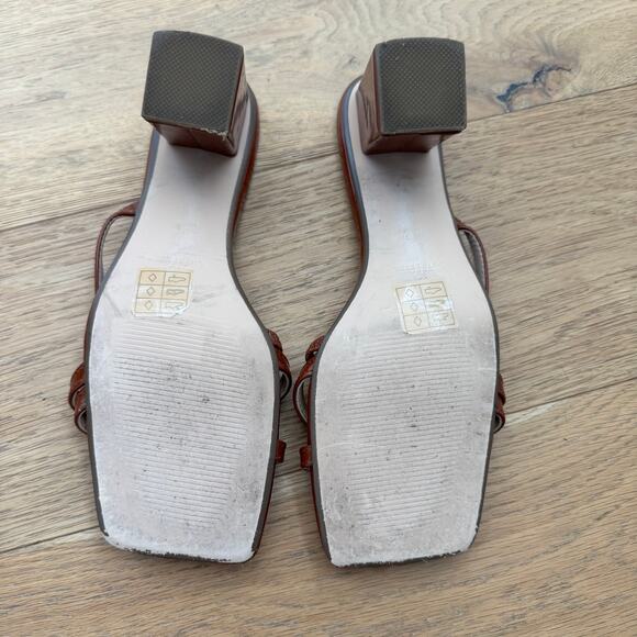 Urban Outfitters Brown Patent Mule Strappy Peep Toe Sandal Chunky Block Heels- 7 - Picture 9 of 9